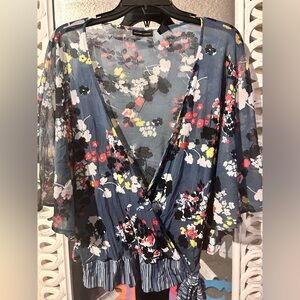 New York & Company Floral Printed Mesh Batwing Surplice Top w/ Strappy Waist Tie